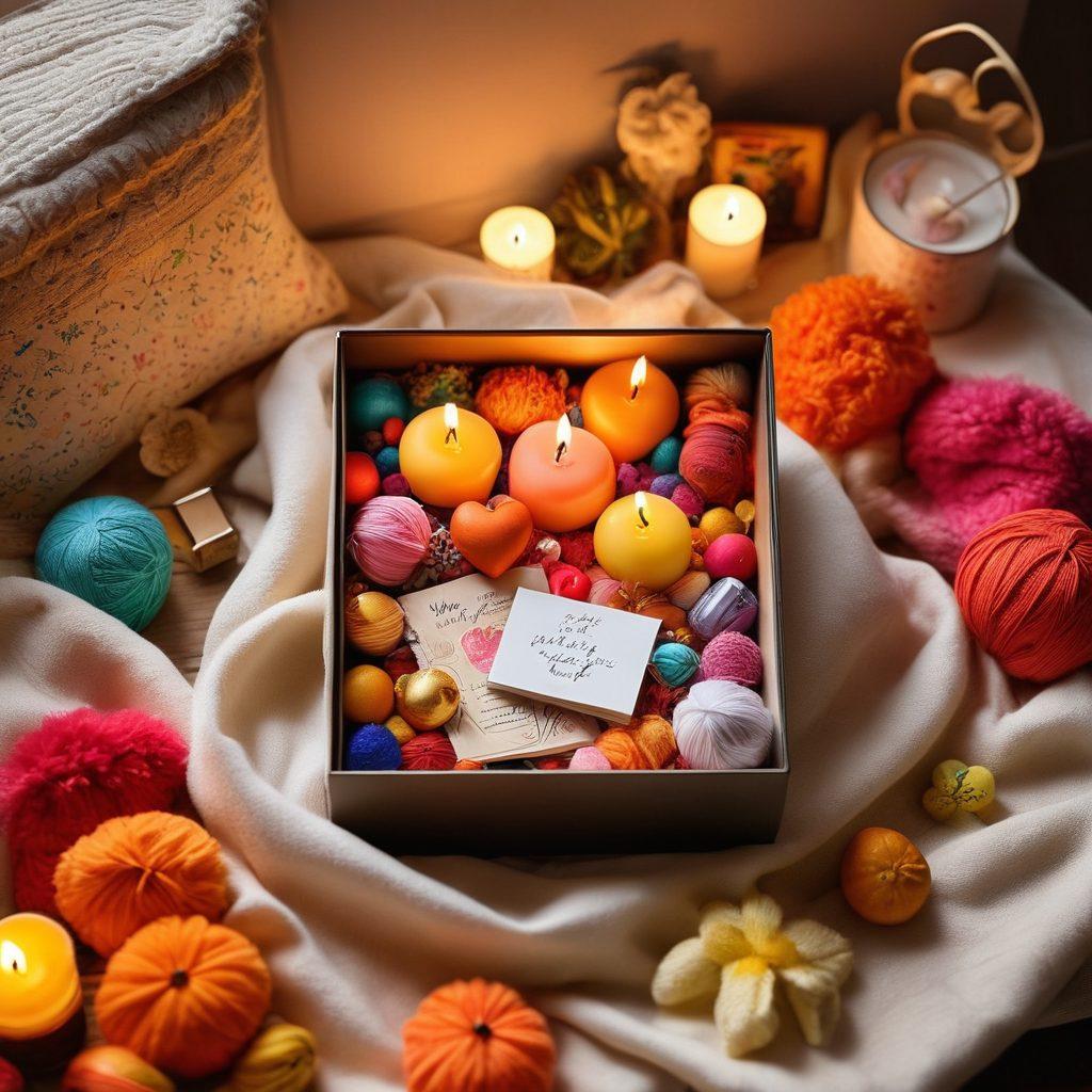 A beautifully arranged 'Happy Box' overflowing with vibrant, joyful items like colorful handwritten notes, small toys, scented candles, and quirky decorations. The box should have a cheerful design with bright colors and patterns, surrounded by soft, glowing light to evoke happiness. In the background, a cozy setting with a warm cup of tea and a soft blanket to emphasize comfort and joy. super-realistic. vibrant colors. cozy ambiance.