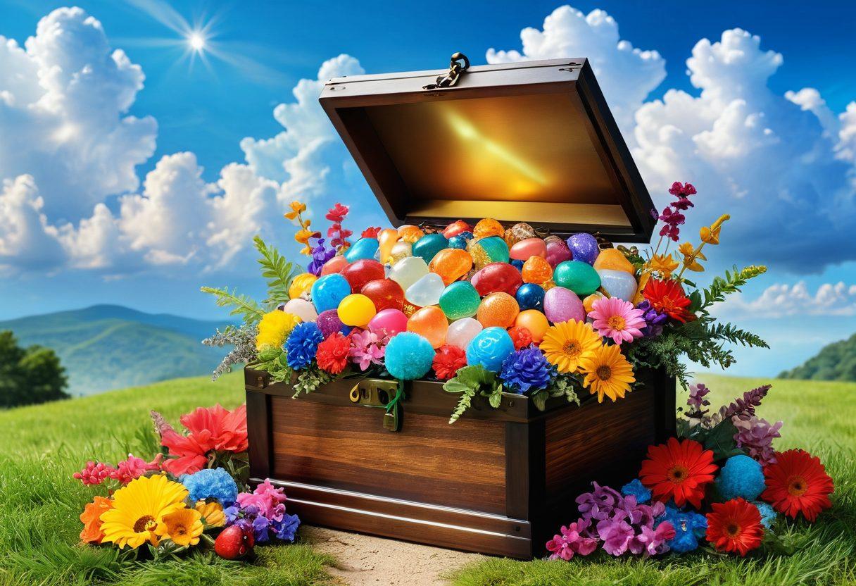 A whimsical scene depicting a magical box overflowing with an array of delightful treasures: sparkling gems, bright flowers, colorful candies, and cheerful trinkets, all set against a backdrop of a radiant sky filled with fluffy clouds and sunlight. Include a pathway lined with vibrant greenery leading to the box, symbolizing a journey to happiness. The atmosphere should be joyful and enchanting. super-realistic. vibrant colors. airy background.