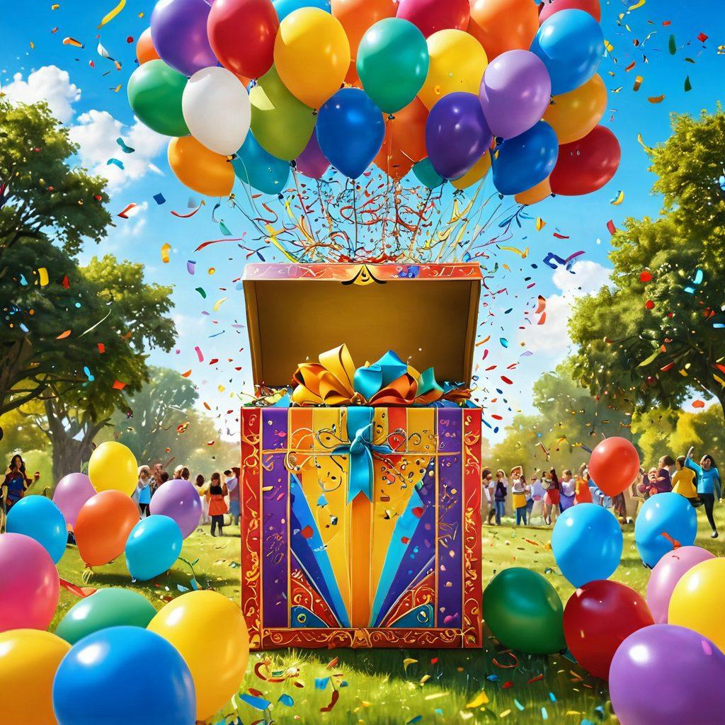 A whimsical scene featuring an ornate box bursting open, radiating vibrant colors and confetti, symbolizing joy and happiness. Surrounding the box are cheerful characters of diverse backgrounds, smiling and engaging in an exciting celebration. The background shows a sunny park filled with laughter and colorful balloons, inviting the viewer into a world of joy and fun. super-realistic. vibrant colors. cheerful atmosphere.